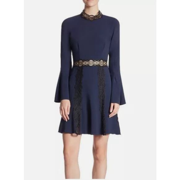 Jonathan Simkhai Blue Dress Black Lace Trim 4 Swing Party Flare Bell Sleeve NWT - Picture 1 of 16